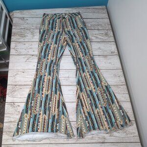 Rock & Roll Denim Ladies High Rise Blue/Brown Aztec Bell Bottom Jeans 28x34
